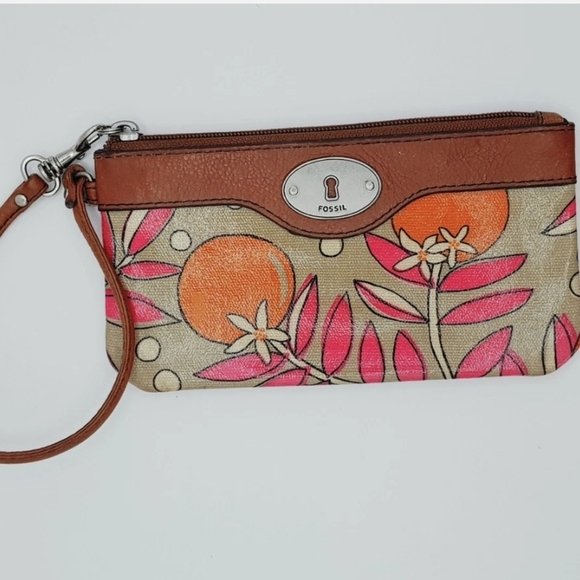 Fossil Key-Per Coated Canvas Orange Fruit Floral Motif Wallet Clutch Wristlet - Picture 1 of 7